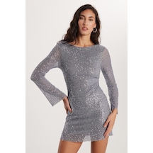 Tudors Kadın Slim Fit Dar Kesim Uzun Kol Bisiklet Yaka Düz Gri Elbise-33332 Gri