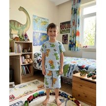 Aliş Kids Erkek Çocuk Pamuklu Mavi Renk Dinozor Desenli Kısa Kollu Şortlu Yazlık Pijama Takımı