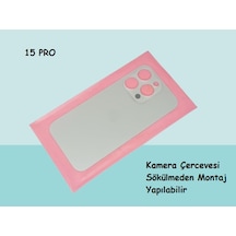 Tkgz - Apple Uyumlu iPhone 15 Pro Arka Pil Batarya Kapağı - Cam Kapak Geniş Lens Deliği - Gri Çok Renkli