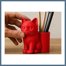 Buradabulabilirsin 3d Baskı Kedi Figürlü Kalemlik - Masaüstü Organizer - Kırmızı Bbz