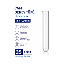 16x100 Mm Cam Deney Tüpü Dibi Yuvarlak 25 Adet Laboratuvar Test Tüpü