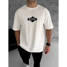 Yake Store Unisex Bisiklet Yaka Baskılı Double Oversize T-shirt - Beyaz - Beyaz