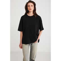ETHIQUET AGERTHA Kadın %100 Organik Pamuklu Regular Fit Bisiklet Yaka Kısa Kollu Siyah T-shirt