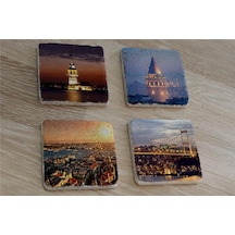 İstanbul Manzaraları Doğal Taş Bardak Altlığı 4'lü Set - Natural Stone Coasters-174110 Çok Renkli