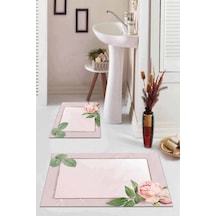 Pembe Çiçekli Desen Banyo Halısı Klozet Paspas Seti Bs009n11