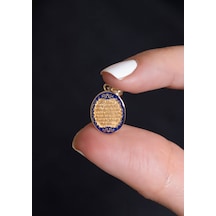 14 Ayar Altın Lacivert Oval Ayetel Kürsi Kolye Ucu Sarı Altın