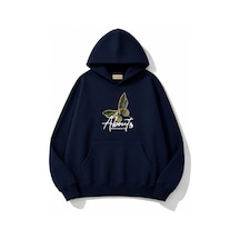 Herkesemoda Yeşil Kelebek Baskılı Kapüşonlu 2 İplik Şardonlu Sweatshirt Lacivert