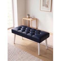 Modern Kapitoneli Lacivert Deri Kumaş Bench Puf Oturma Bankı Ahşap Beyaz Ayaklı Demonte 90x45