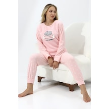 Wordex Fawn 5006 Peluş Welsoft Polar Kışlık Yumoş Kadın Pijama Takımı Uyuyan Kedili Pembe