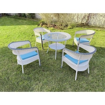 Monalin Home Garden Icon 4 Kişilik Rattan El Örgüsü Masa Sandalye Takımı Minderli & Camlı & Masalı Oturma Grubu Mavi