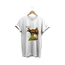 Avcılık Geyik Avcılığı Ve Doğa Baskılı Orman Temalı %100 Pamuk Regular Fit Beyaz T-shirt Beyaz