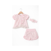 Kardeşler Bebe Kız Bebek Dantelli Şortlu Takım & Saç Bandı 3 Lü Pembe