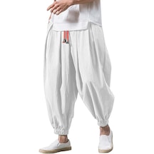 Erkek Bol Pamuklu ve Keten Geniş Kesim Harem Pantolon - Beyaz