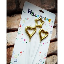 Vıp Gold Heart Candle 2 Adet Metalik Gold Kalpli Pasta Mumu 1 Adet Yıldız Mum Kalpli Doğum Günü Mumu Renkli