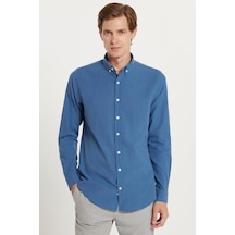 Tudors Erkek Slim Fit Dar Kesim %100 Pamuk Keten Doku Düğmeli Yaka Koyu Petrol Gömlek-34236 Petrol