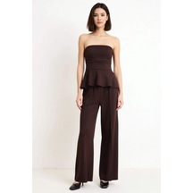 Benerly Kadın Straplez Peplum Detaylı Geniş Paça Uzun Örme Takım Soft Tou Kahverengi