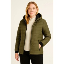 Şişme Kapüşonlu Fermuarlı Mont Su Itici Kapitone Astarlı Kumaş Cepli Kışlık Rahat Kalıp - Haki Haki