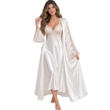 Pierre Cardin 7460 İpek Saten Çeyizlik 6 Lı Gecelik Sabahlık Pijama Takımı Ekru