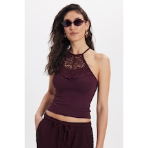 Tudors Kadın Slim Fit Dar Kesim Kolsuz Bisiklet Yaka Dantelli Sırt Detaylı Mürdüm Bluz-50573