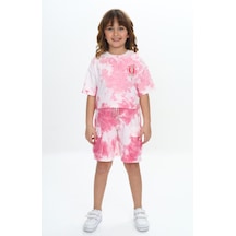 Toontoy Kids Toontoy Kız Çocuk 2'li Takım Batik Baskılı Bisiklet Yaka T-shirt & Beli Lastikli Cepli Şort Gül Kurusu