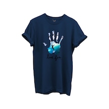 Live Free Yazılı Sörfçü Ve El Baskılı %100 Pamuk Regular Fit Unisex T-shirt Lacivert