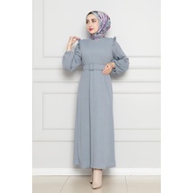 Omuzu Fırfır Kemerli Elbise-gri-4562 Gri