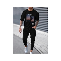 Medinenur Cıty Vıew Baskılı T-shirt Eşofman Altı Jogger Rahat Kalıp Siyah Eşofman Takım Siyah