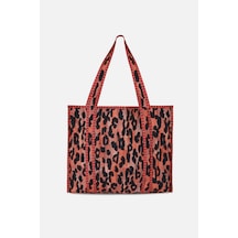 İcone Bag Patch Yama Desen Baskılı Kapitoneli Plaj Çantası, İçi Çizgili Baskılı Shopper Çanta, Pembe Plaj Çantası Leopar