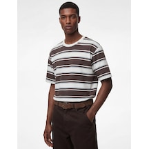 Koton Oversize Kısa Kollu Bisiklet Yaka Çizgili Tişört Kahverengi Çizgili 6sam10387mk