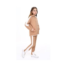 Toontoy Kids Toontoy Kız Çocuk 2'li Takım Baskılı Kapüşonlu Fermuarlı Cepli Sweatshirt & Beli Paçası Lastikli Jogger Eşofman Altı - Bant Detaylı & 2 İplik Kahverengi