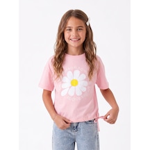 Onloox Kız Çocuk Pembe Kız Çocuk Pembe Pamuklu Bisiklet Yaka Kısa Kollu Tam Kalıp Papatya Baskılı Tişört 8-10 Yaş