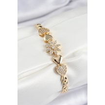 Pirinç Zirkon Taşlı Kalp Detaylı Çiçek Model Gold Renk Kadın Bileklik - Tj-bb7527 Gümüş