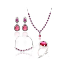 Yakut Taşlı Damla Model 925 Ayar Gümüş Kadın Dörtlü Set 201025664