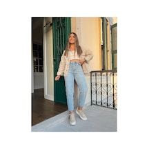 Woddi Kadın Mom Jeans Kot Pantolon Mavi Kar Taş1