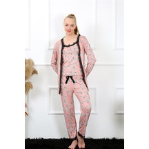 İbrahim Burak Etiler Collection Moda Çizgi Kadın 3'lü Somon Sabahlık Pijama Takım 16103
