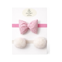 Pamuk Kız Bebek Fiyonk Bandana 2'li Set Pembe- Ekru Ponpon Pembe- Ekru Ponpon