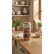 Bambu Kapaklı Cam Saklama Kabı, 1350 Ml, Silindir, Kuru Gıda, Bakliyat, Makarna Ve Baharat İçin Çok Renkli