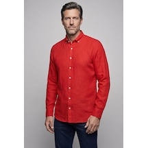 Bisse Kırmızı Regular Fit Keten Cepsiz Düğmeli Paşa Yaka Sedef Gömlek Gmktn250011 D24