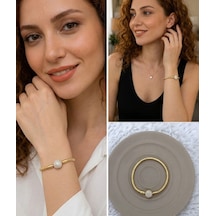 Premium Gold Renk Yuvarlak Model Parlak Taşlı 316l Detaylı Charm Bileklik - 18cm Uzunluk Altın