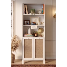 Robin Home Arizona Kitaplık Raf Ahşap Ayaklı 180cm Ahşap Jüt Kapaklı Beyaz-jüt