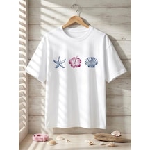 Beyaz Tropikal Marine Baskılı Oversize Kompak T-shirt Beyaz
