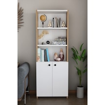 Kapaklı Çok Amaçlı Salon Dolabı 150x50x22 Cm Raflı Kitaplık Dekoratif Depolama Ünitesi Beyaz - Atlantik Çam