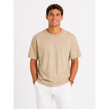 Vasto Moda Erkek Tam Oversize Kalıp Kalın Dokulu %100 Organik Pamuk Bisiklet Ribana Yakalı Bej T-shirt