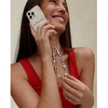 Iconic Gümüş Dövme Metal Boncuklu Telefon Askısı, Boncuklu Telefon Charmı Ve Çanta Aksesuarı