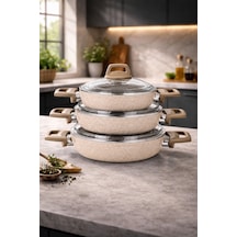 Stone 6 Parça Granit Ezme Cam Kapaklı Sahan Omlet Seti Gri 18/20/22 Cm Yapışmaz