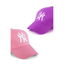 Unisex 2'li Set Pembe ve Lila Renk Ny New York Beyzbol Şapka - Unisex
