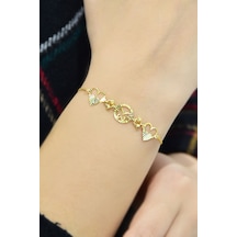 925 Ayar Gümüş Gold Kaplama Çift Kalp Kristal Kesim Bileklik