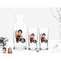 Kişiye Özel Renkli Baskılı Sevgililer Karikatürlü İkili Rakı Bardağı Ve Karaf Hediye Seti-17