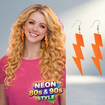 Retro Neon Turuncu Şimşek Küpe 10 Cm İle 80'ler Tarzı Diğer
