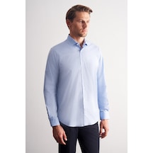 İmza Mavi Yarım İtalyan Yaka Uzun Kol Slim Fit Pamuklu Gömlek 1004255189 Mavi
